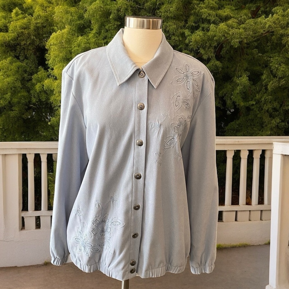 Alfred Dunner Long Sleeve Button Up Embroidered Lightweight Shirt Jacket